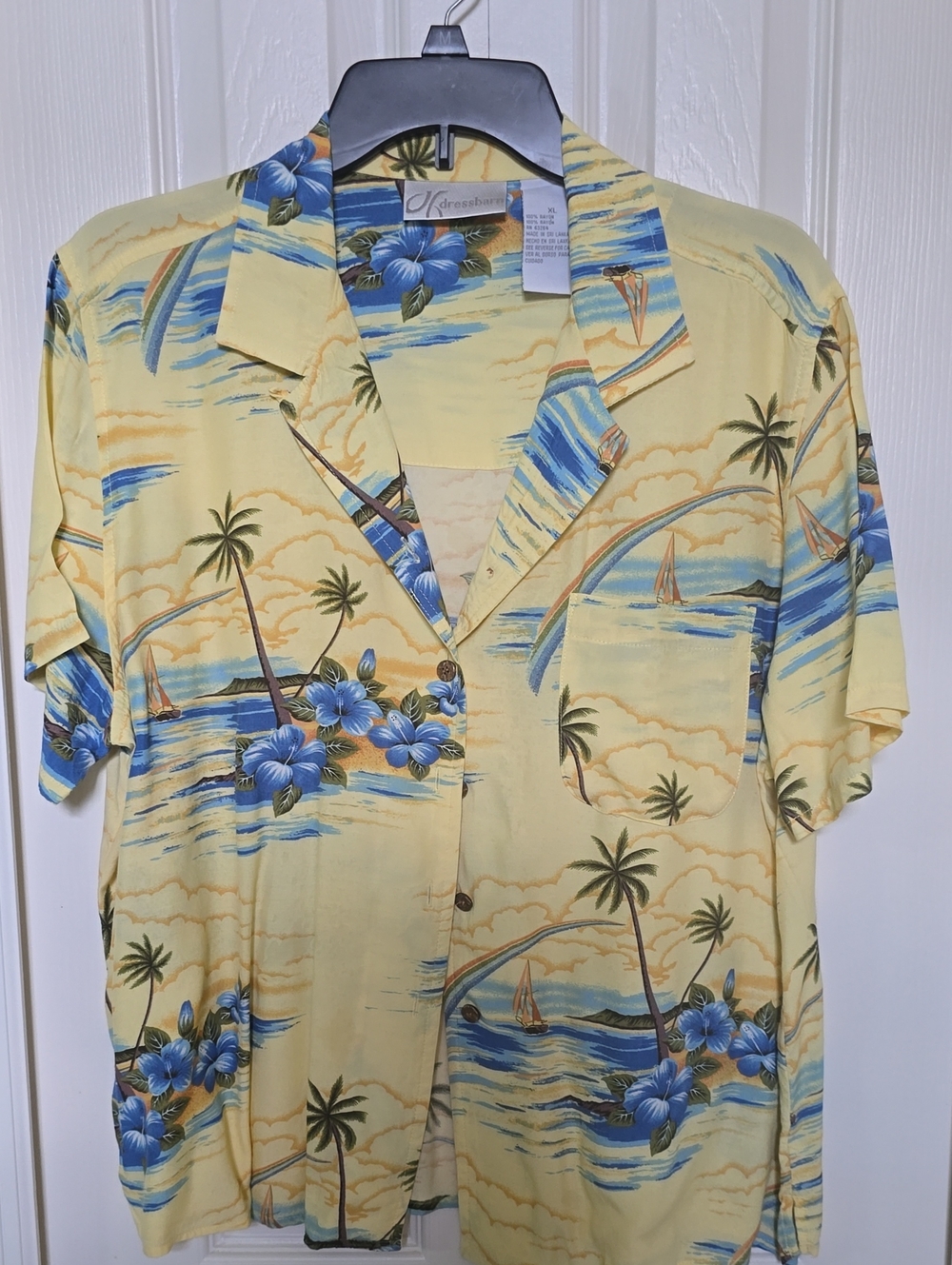 dressbarn Yellow Camp Shirt with Blue Floral & Palm Print